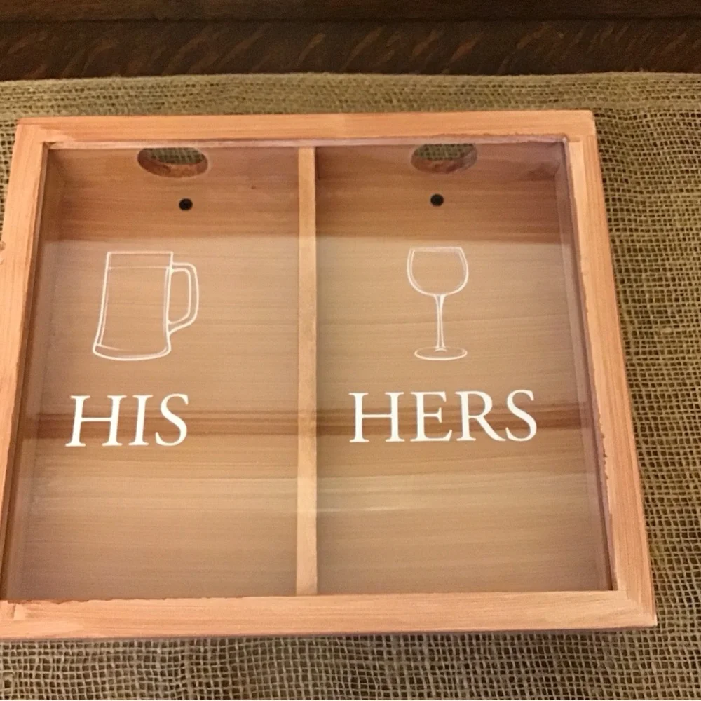 NWT His Hers Bottle Cap and Wine Cork Wooden Shadow Box